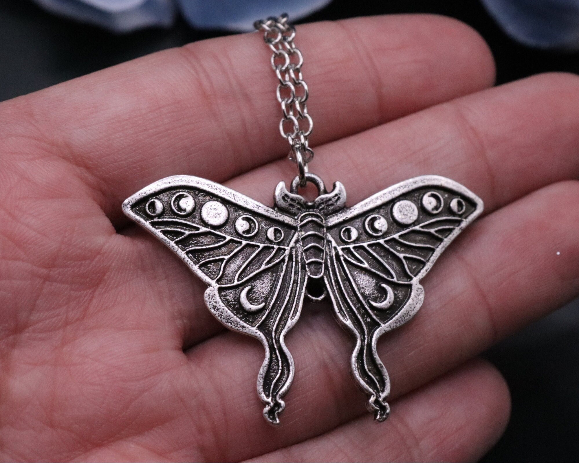 Silver Luna Moth Moon Phases Necklace, Lunar Cycle Moth Pendant, Witchy Moth Jewelry, Insect Pendant, Metal Lunar Moth, Celestial Moth