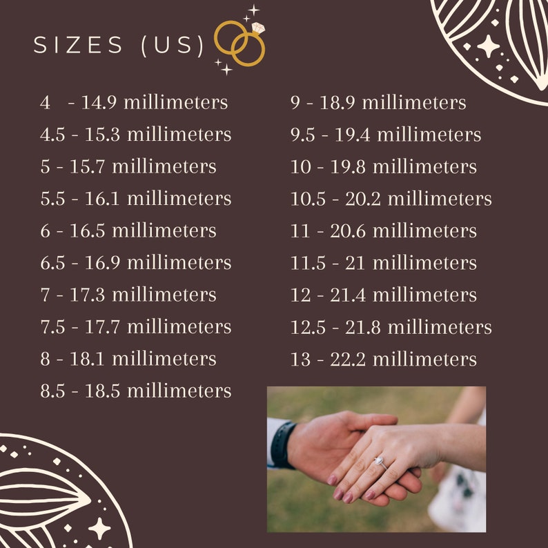 May include: A chart showing US ring sizes and their corresponding measurements in millimeters. The chart is on a brown background with a decorative border. The chart is titled "SIZES (US)" and features a stylized image of two interlocking rings with a diamond.
