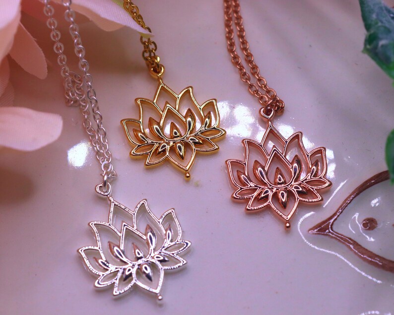 Blooming Lotus Flower Necklace, Rose Gold Lotus Flower Pendant, Dainty