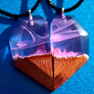 Resin Heart Matching Couples Necklaces, Wooden Resin Pendant, Personalized Couples Gift, Unique Valentines Gift for Her, Gift for Couples
