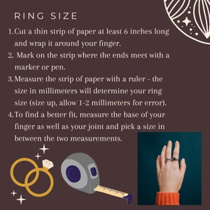 May include: A graphic illustration showing how to measure your ring size using a strip of paper and a ruler. The illustration includes a hand wearing a ring, a ruler, and two gold rings.