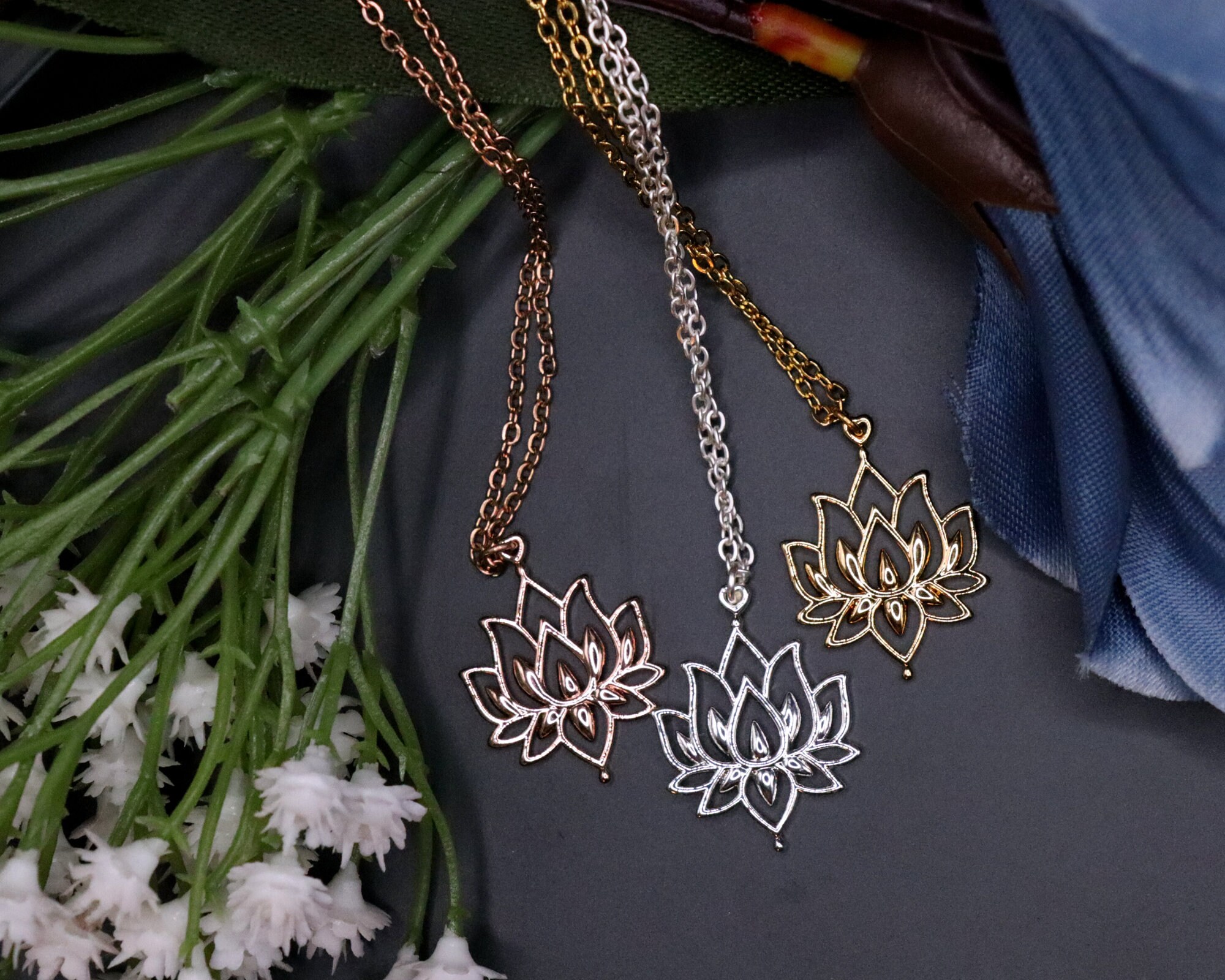 Blooming Lotus Flower Necklace, Rose Gold Lotus Flower Pendant, Dainty