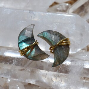 Wire Wrapped Labradorite Moon Studs, Large Labradorite Earring Studs, Raw Crystal Crescent Moon Stud Earrings, Wire Wrapped Crystal Earrings