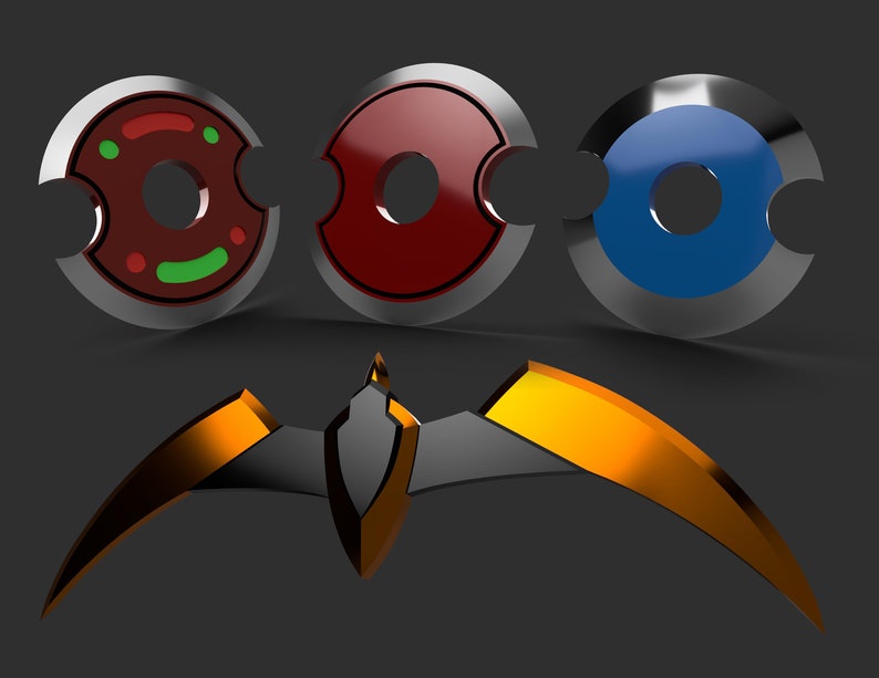May include: Three circular, metallic-edged objects in red, blue, and maroon with a central hole and a curved cutout. Below, a gold and black stylized wing-shaped object is displayed against a dark gray background.