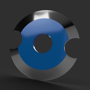 May include: A 3D-rendered object featuring a blue disc with a central hole, encircled by a silver ring with two cutouts. The design is set against a dark gray background, creating a modern, minimalist aesthetic.