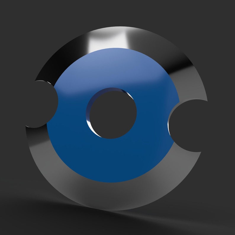 May include: A 3D-rendered object featuring a blue disc with a central hole, encircled by a silver ring with two cutouts. The design is set against a dark gray background, creating a modern, minimalist aesthetic.