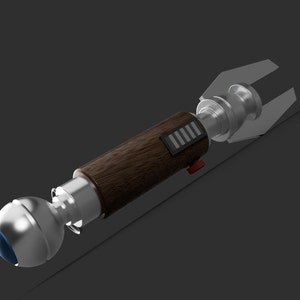 May include: A silver and brown lightsaber with a blue orb at the end. The lightsaber has a silver handle with a black button and a wooden grip.