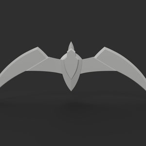 May include: A light gray, stylized bat-shaped emblem with a central shield-like element and curved, wing-like extensions. The emblem is set against a dark gray background, creating a contrast that highlights its geometric design.