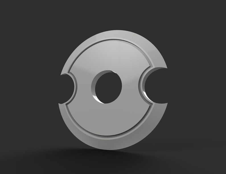 May include: A 3D-rendered, silver-colored, circular object with a central hole and two curved cutouts on opposite sides. The object has a glossy finish and is set against a dark gray background.