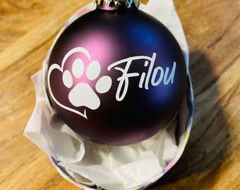 Personalisierte Aufkleber, Weihnachtskugel Beschriftung mit Hunde Pfote + Herz + Name aus Vinyl, Sticker, Baumschmuck Hundeliebhaber