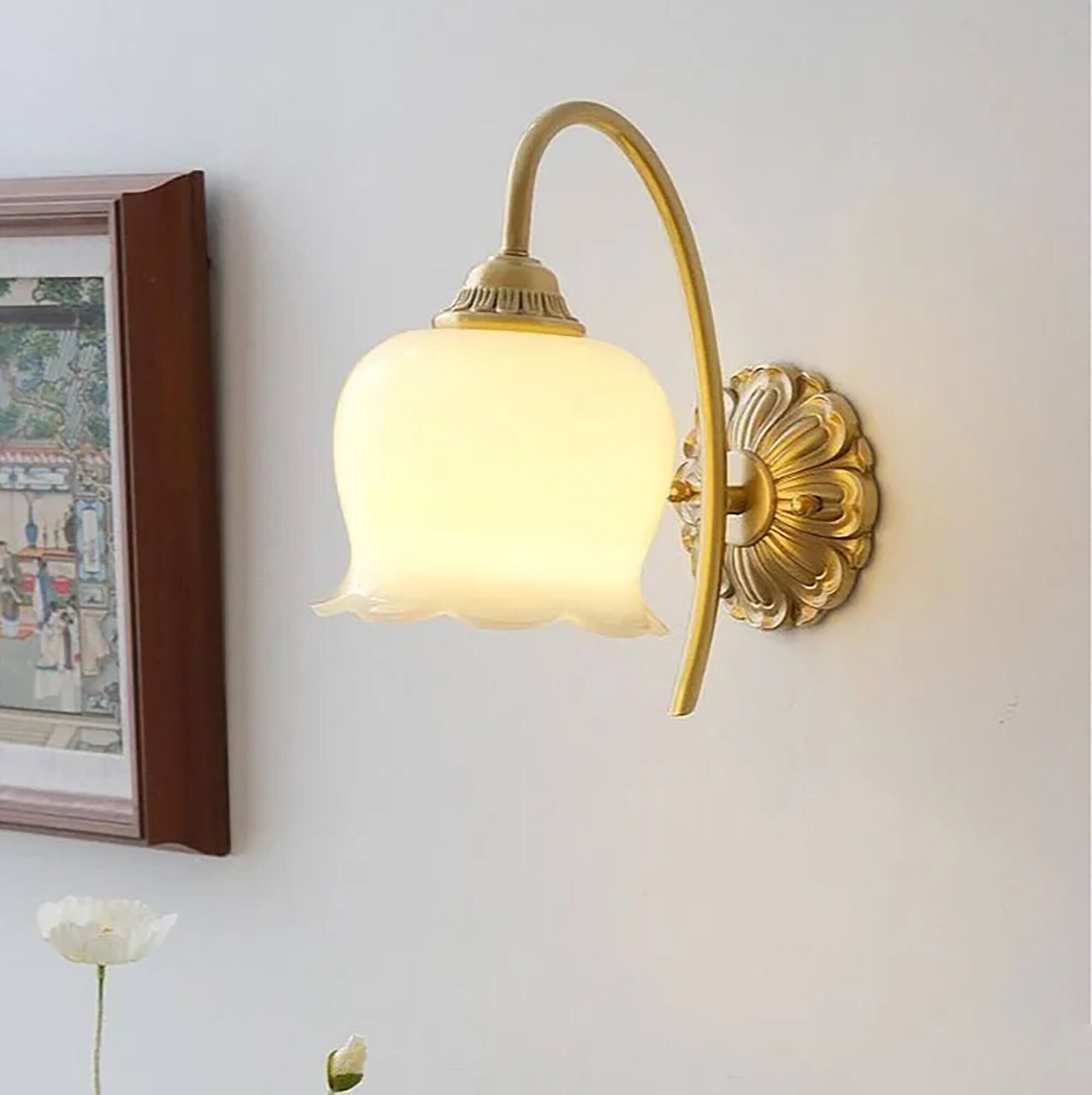 thumbnail image 2 of Shenmoyl Vintage Wall Sconce With Amber Wings Shade Pattern Glass Adjustable Chain Retro Gold 2 of 11