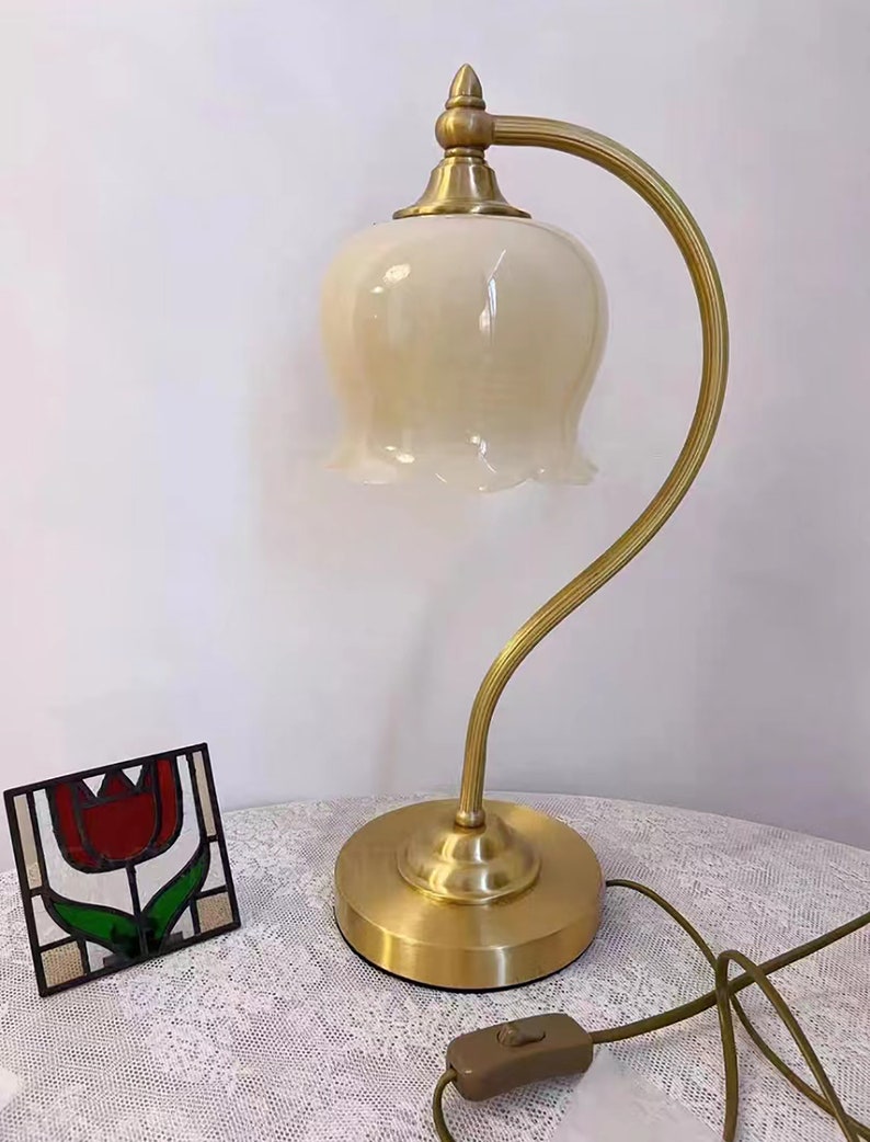 Lily Flower table lamp Retro Cream Copper table lights bedside bedroom lamp image 1