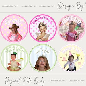 Op de afbeelding: Een verzameling van acht ronde digitale grafische ontwerpen met gepersonaliseerde verjaardagsthema's. Elke cirkel toont een foto van een persoon, decoratieve tekst zoals namen en leeftijden, en kleurrijke patronen zoals stippen, strepen en bloemen.
