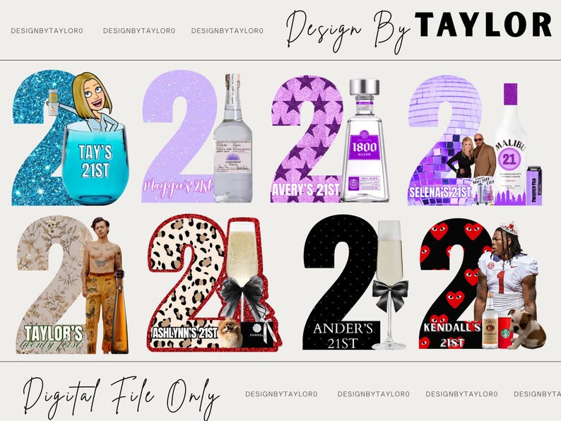 Puede incluir: Una colecci&oacute;n de ocho dise&ntilde;os digitales personalizados del n&uacute;mero 21 con varios temas que incluyen purpurina, estampado de leopardo, bolas de discoteca y estrellas. Cada dise&ntilde;o incorpora texto, botellas de bebidas e ilustraciones para celebraciones.