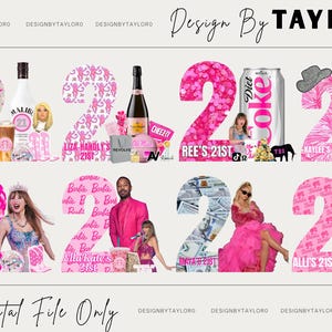 Puede incluir: Un collage digital con ocho dise&ntilde;os personalizados del n&uacute;mero 21 para cumplea&ntilde;os. Cada dise&ntilde;o incorpora temas rosas, im&aacute;genes de celebridades, botellas de alcohol y texto personalizado como Olivia's 21st, Liza-Handly's 21st, Ree's 21st, Kaylee's 21st, Emily's 21st, Ella Kate's 21st, Maya B's 21st y Alli's 21st. El texto Design By Taylor y Digital File Only es visible.
