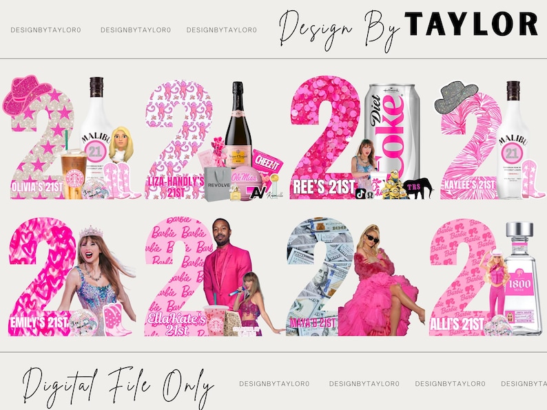 Puede incluir: Un collage digital con ocho dise&ntilde;os personalizados del n&uacute;mero 21 para cumplea&ntilde;os. Cada dise&ntilde;o incorpora temas rosas, im&aacute;genes de celebridades, botellas de alcohol y texto personalizado como Olivia's 21st, Liza-Handly's 21st, Ree's 21st, Kaylee's 21st, Emily's 21st, Ella Kate's 21st, Maya B's 21st y Alli's 21st. El texto Design By Taylor y Digital File Only es visible.