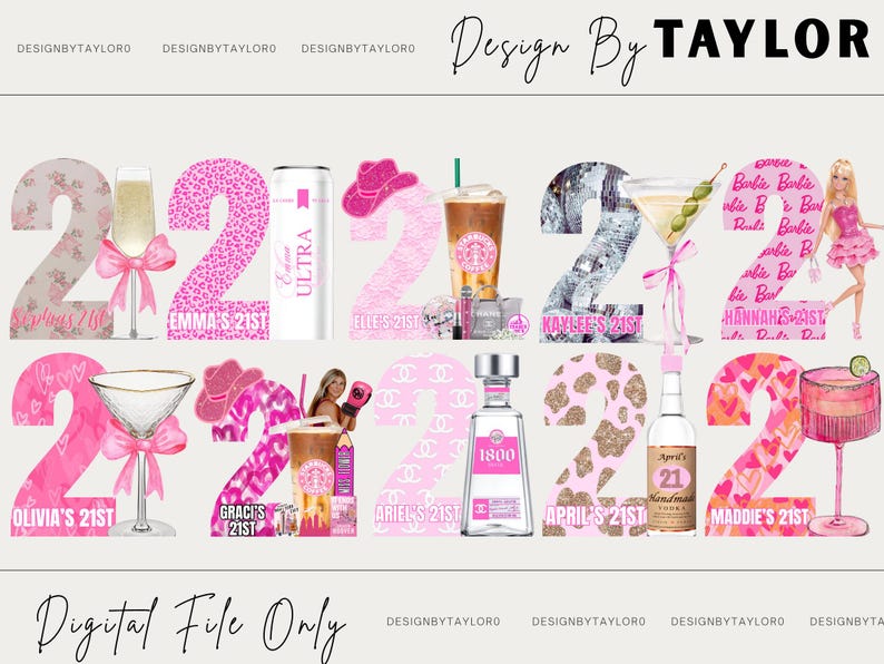 Puede incluir: Un gr&aacute;fico digital que presenta m&uacute;ltiples dise&ntilde;os del n&uacute;mero 21 decorados con temas rosas, incluyendo copas de champ&aacute;n, sombreros de vaquero, caf&eacute; helado, bolas de discoteca, botellas de vodka y varios patrones como leopardo y corazones.