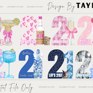 Puede incluir: Un dise&ntilde;o gr&aacute;fico digital que muestra el n&uacute;mero 21 con varios patrones y temas, incluyendo flores rosas, corazones, lazos, estrellas, motivos azules, estampado de leopardo y bolas de discoteca, junto a ilustraciones de bebidas y botas.