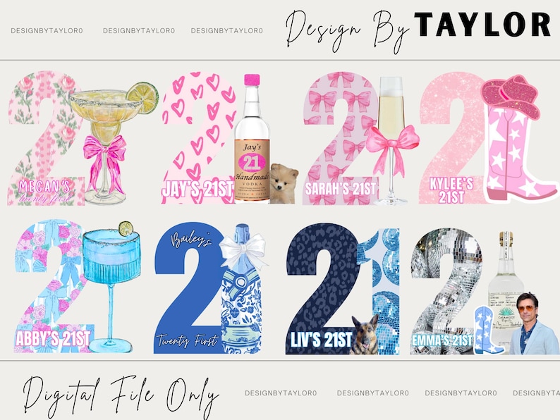 Puede incluir: Un dise&ntilde;o gr&aacute;fico digital que muestra el n&uacute;mero 21 con varios patrones y temas, incluyendo flores rosas, corazones, lazos, estrellas, motivos azules, estampado de leopardo y bolas de discoteca, junto a ilustraciones de bebidas y botas.