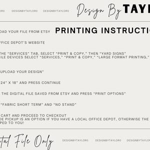 Puede incluir: Un documento digital titulado PRINTING INSTRUCTIONS de Design By Taylor sobre un fondo claro. Enumera ocho pasos para descargar e imprimir un archivo en Office Depot, incluyendo la selecci&oacute;n de dimensiones de 24 por 18 pulgadas. Digital File Only.
