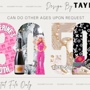 Puede incluir: Un dise&ntilde;o gr&aacute;fico digital con los n&uacute;meros grandes 30 y 50. El n&uacute;mero 30 es rosa con la marca Barbie y el texto Catherine's 30th. El n&uacute;mero 50 presenta un patr&oacute;n de m&aacute;rmol dorado y el texto Alice's 50th. Incluye im&aacute;genes de una mu&ntilde;eca, bolas de discoteca y champ&aacute;n.