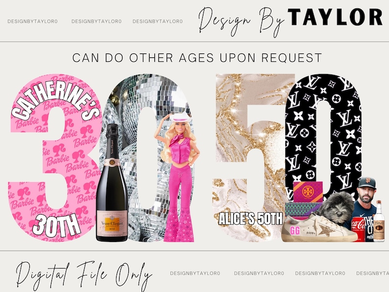 Puede incluir: Un dise&ntilde;o gr&aacute;fico digital con los n&uacute;meros grandes 30 y 50. El n&uacute;mero 30 es rosa con la marca Barbie y el texto Catherine's 30th. El n&uacute;mero 50 presenta un patr&oacute;n de m&aacute;rmol dorado y el texto Alice's 50th. Incluye im&aacute;genes de una mu&ntilde;eca, bolas de discoteca y champ&aacute;n.