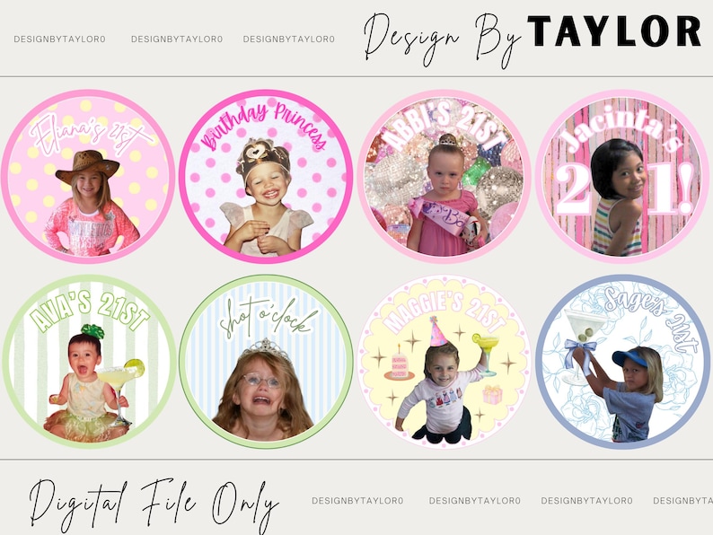 Op de afbeelding: Een verzameling van acht ronde digitale grafische ontwerpen met gepersonaliseerde verjaardagsthema's. Elke cirkel toont een foto van een persoon, decoratieve tekst zoals namen en leeftijden, en kleurrijke patronen zoals stippen, strepen en bloemen.