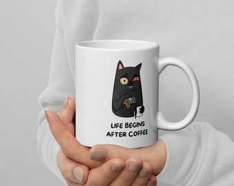 Life Begins After Coffee Cat Mug, 11oz White Ceramic Glossy Mug, Gift Idea, Digital print, Graphic Homeware Living, Boss Gift, Gift For