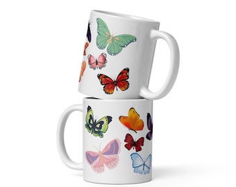 11oz White Ceramic Mug Featuring a Butterfly Design, Coffee Cup, Coffee Mug Artisan Crafted Gift, Gift For her, Gift for girlfriend