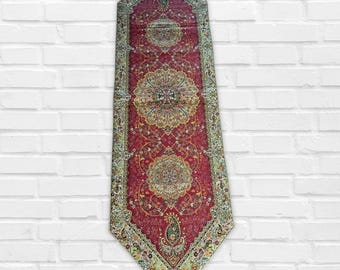 Handmade Vintage Silk Sateen Table Runner: Persian Termeh Tapestry