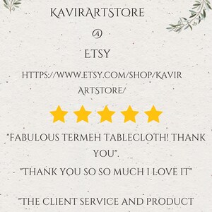 May include: Cream-colored Etsy shop graphic with the text "KAVIRARTSTORE" and "ETSY". Includes a shop URL and customer reviews with five gold stars and positive feedback about a tablecloth.