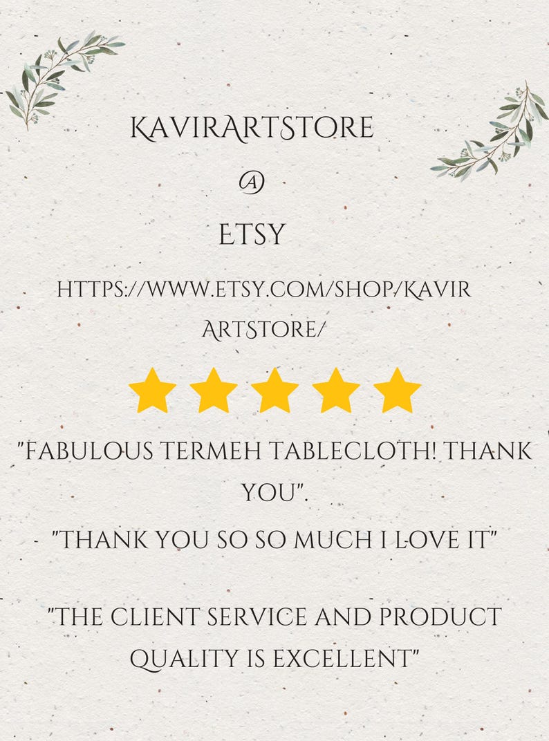 May include: Cream-colored Etsy shop graphic with the text "KAVIRARTSTORE" and "ETSY". Includes a shop URL and customer reviews with five gold stars and positive feedback about a tablecloth.
