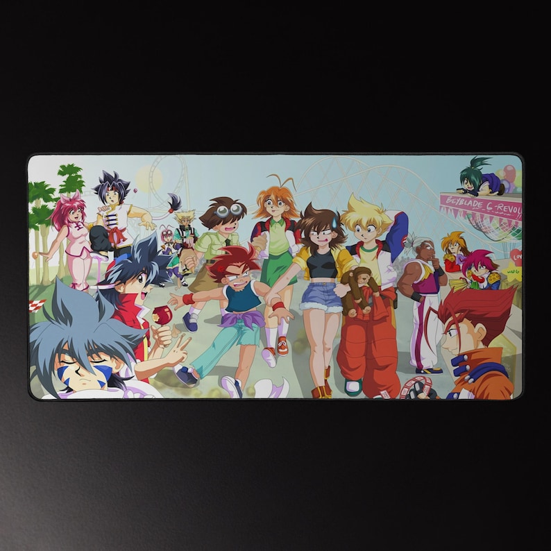 May include: A rectangular mousepad featuring a colorful anime-style illustration of a group of diverse characters. The characters are depicted in various poses, with a roller coaster in the background. The mousepad has a black border.