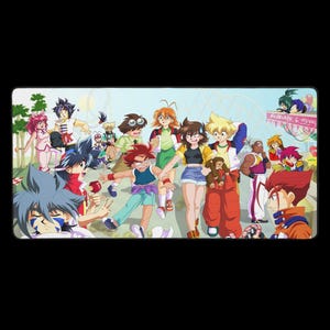 May include: A rectangular mousepad featuring a colorful anime-style illustration of a group of characters in a park setting. The characters are diverse, with various hair colors and outfits. The words "Beyblade G-REVOLUTION" are visible.
