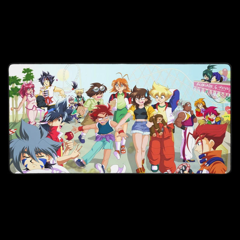 May include: A rectangular mousepad featuring a colorful anime-style illustration of a group of characters in a park setting. The characters are diverse, with various hair colors and outfits. The words "Beyblade G-REVOLUTION" are visible.