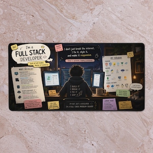 May include: A rectangular mousepad featuring a graphic of a full stack developer at a desk with multiple computer screens. The mousepad includes text such as "I'm a Full Stack Developer" and "I build it, I break it, I fix it, I ship it."