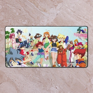 May include: Rectangular mousepad featuring a colorful anime-style illustration of a group of characters in a park setting. The characters are diverse, with varying hair colors and outfits. The background includes a roller coaster and the text "Beyblade C-Revol".
