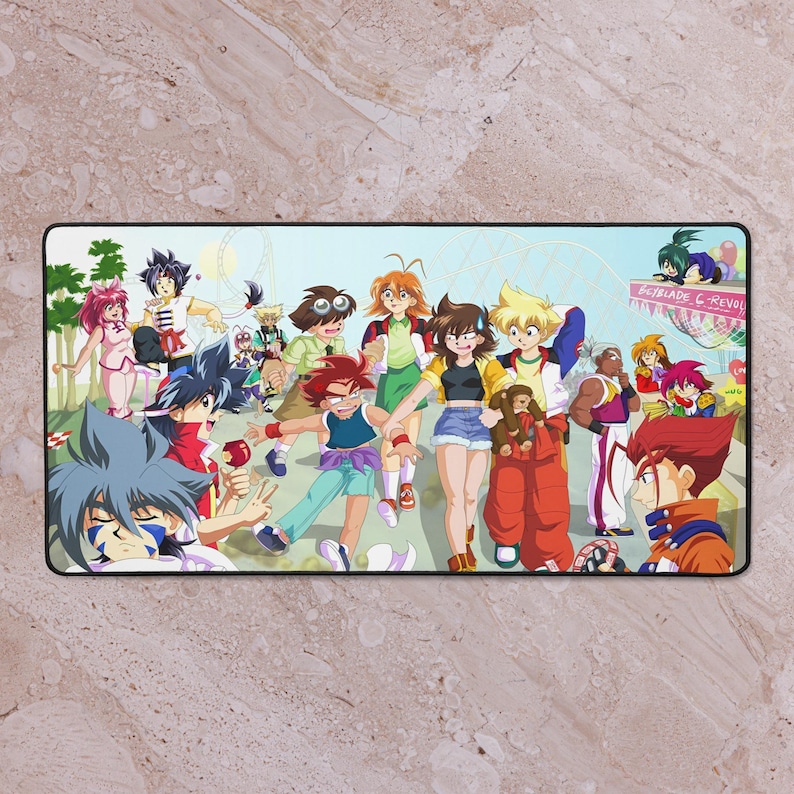 May include: Rectangular mousepad featuring a colorful anime-style illustration of a group of characters in a park setting. The characters are diverse, with varying hair colors and outfits. The background includes a roller coaster and the text "Beyblade C-Revol".