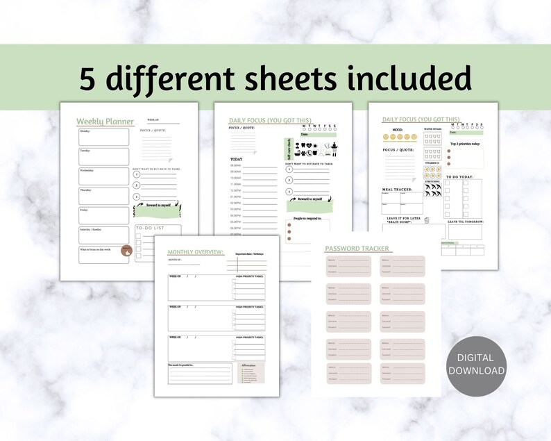 ADHD Planner, Check-list, Printable, Organizer, Self-care, Growth ...