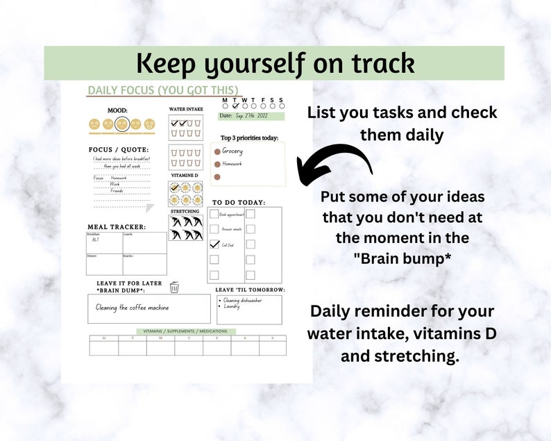ADHD Planner, Check-list, Printable, Organizer, Self-care, Growth ...