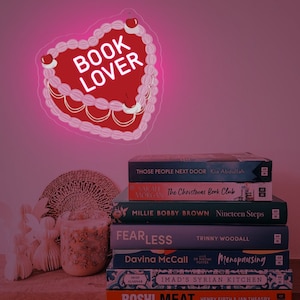 Letrero de neón con forma de pastel con forma de corazón para amantes de los libros, decoración LED para clubes de lectura, decoración para salas de lectura, regalo para amantes de los libros, regalos para lectores, chicas atractivas que leen libros, regalo para ratones de biblioteca