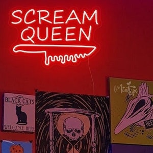 Placa de neon Scream Queen | Decoração LED personalizada de Halloween | Placa de festa de Halloween | Decoração escura | Arte de parede de decoração gótica | Placa assustadora/de terror