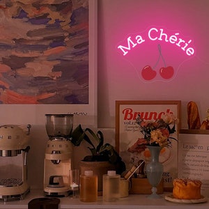 Placa de néon Cherry Ma Cherie. Placa de arte de parede retrô, decoração de LED de parede divertida, placa de arte de parede de cereja, presente de aniversário, presente de dia dos namorados para o amor