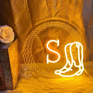 Letrero de neón con iniciales personalizadas, letrero de neón con botas de vaquero, regalo de boda de vaquera, temática del oeste, letrero de decoración de bar de vaqueros, decoración de habitación rosa