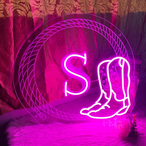 Custom initials neon sign, Cowboy boots neon sign, cowgirl wedding gift, Western theme, cowboy bar decor sign, Pink Room Decoration