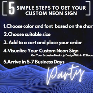 May include: A dark blue graphic with white text titled 5 SIMPLE STEPS TO GET YOUR CUSTOM NEON SIGN. The steps are: 1. Choose color and font based on the chart, 2. Choose suitable size, 3. Add to a cart and place your order, 4. Visualize Your Custom Neon Sign, 5. Arrive in 5-7 Business Days. The word Party is written in white script.