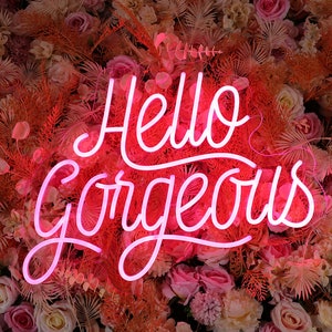 May include: A bright pink neon sign displaying the text Hello Gorgeous in a cursive script font. The sign is mounted against a dense backdrop of artificial flowers and foliage in shades of dusty pink, cream, and burnt orange, creating a floral wall.