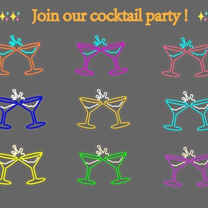 May include: A set of nine neon-style sticker designs featuring two clinking cocktail glasses with a splash effect. The text "Join our cocktail party!" appears at the top in orange, flanked by champagne glass and star icons in various colors.