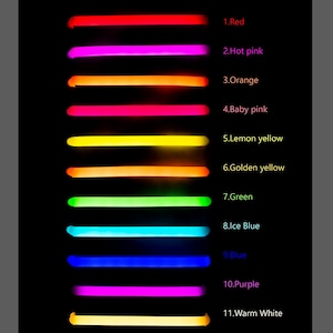 May include: A chart displaying 12 different colours of light, labelled with their names. The colours are red, hot pink, orange, baby pink, lemon yellow, golden yellow, green, ice blue, blue, purple, warm white, and cold white.