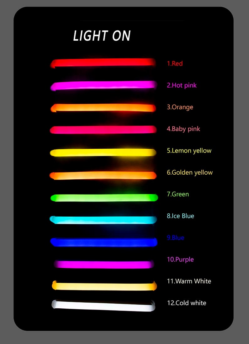May include: A chart displaying 12 different colours of light, labelled with their names. The colours are red, hot pink, orange, baby pink, lemon yellow, golden yellow, green, ice blue, blue, purple, warm white, and cold white.